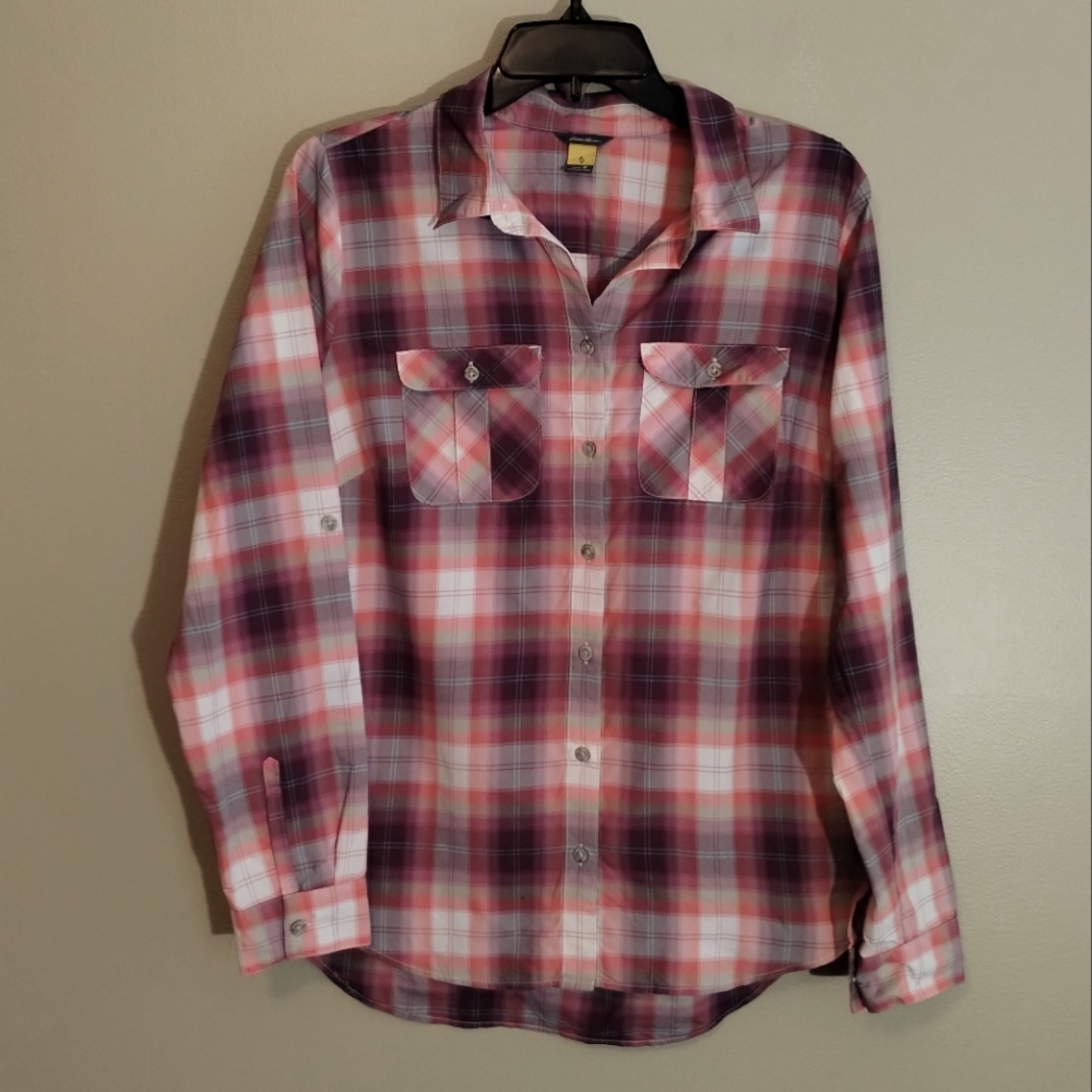 Women's Eddie Bauer Plaid Outdoor Hiking Casual Button Up Long Shirt Medium EUC